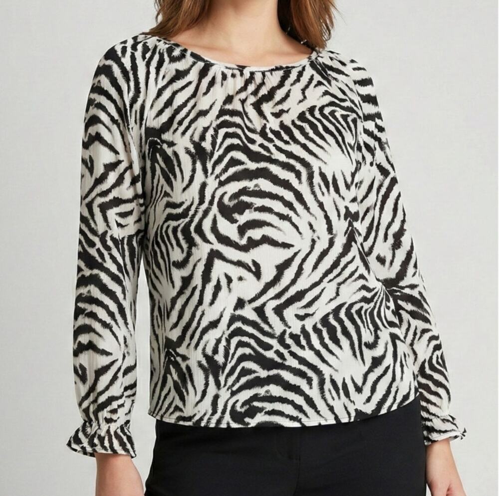 Ophelia Roe Large Long Sleeve Black White Zebra Print Blouse NEW NWT Polyester